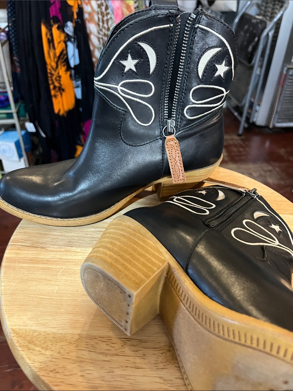 dingo Black Leather Ankle Booties with White Moon & Star Stitching - Picture 3 of 6